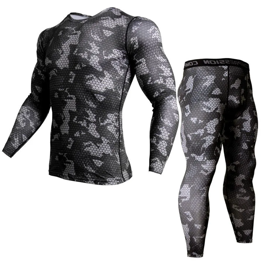 ММА Рашгард комплект Костюмы мужские футболки базовый слой + сжатия Штаны 2 шт. Камуфляжный костюм мужчины термобелье