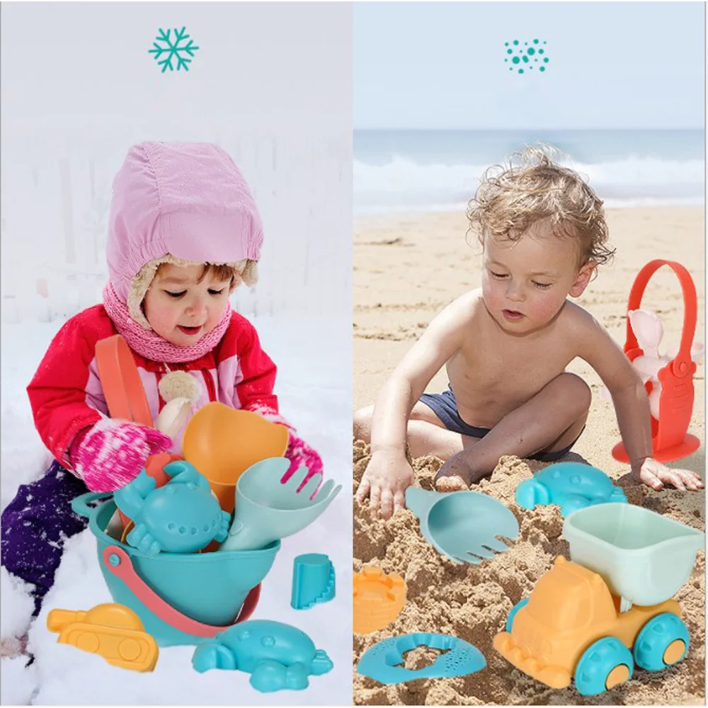 Soft Silicone Beach Sand Toys for Kids SandBox Set Seasand Bucket Rake Hourglass Water Table Play Fun Shovel Mold with Bag