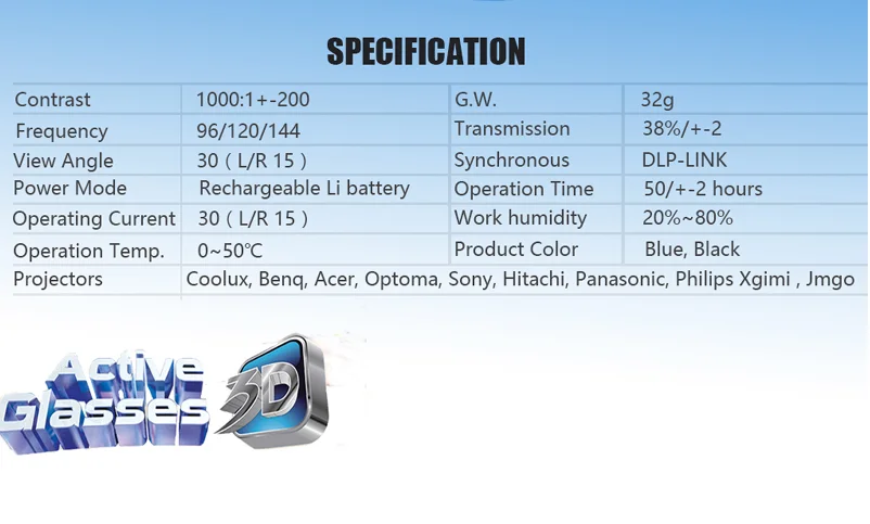 Очки с активным затвором Перезаряжаемые 3D очки Поддержка 96/120/144 Гц для Xgimi Z3/Z4/Z6/H1/H2 гайки G1/P2 BenQ acer & DLP соединение проектор