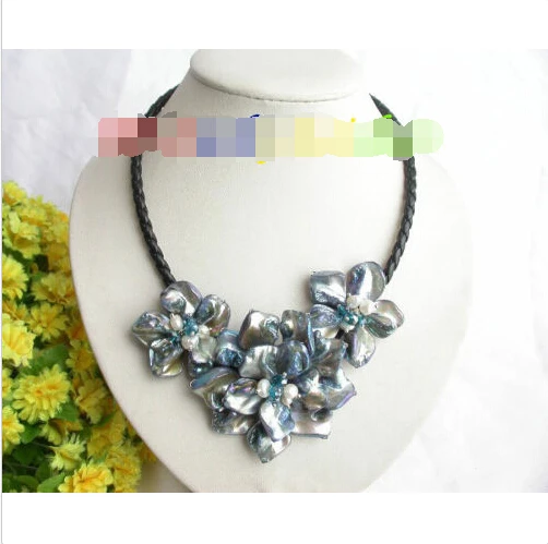 

handcraft bloom blue seashell pearls crystal choker leather necklace j7764@^Noble style Natural Fine jewe FREE SHIPPING ##a #a