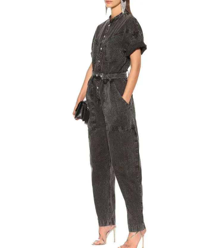 Женский подиумный джинсовый комбинезон с короткими рукавами, без воротника, с большими контрастными карманами