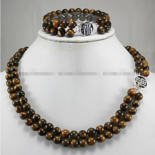 

Free shipping 2Rows Tiger's Eye Round Beads Pendant Necklace earrings set AAA Crystal Healing