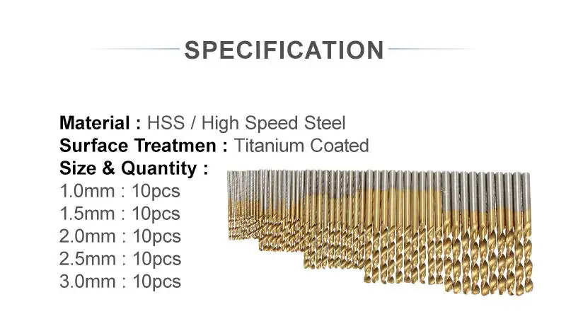 50 шт./компл. с титановым покрытием спиральное сверло комплект 1/1. 5/2/2,5/3 мм из быстрорежущей инструментальной стали Сверление дерева Металлообработка инструмент Лидер продаж