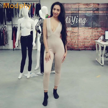 

2018 new fashion women sexy skinny sleeveless full length V-neck black Khaki bandage jumpsuit dropshipping wholesale HL270