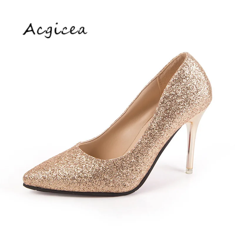 2019 Spring glitter gold high-heeled shoes pointed with silver fine with women's shoes bridesmaid wedding shoes Mujer s019