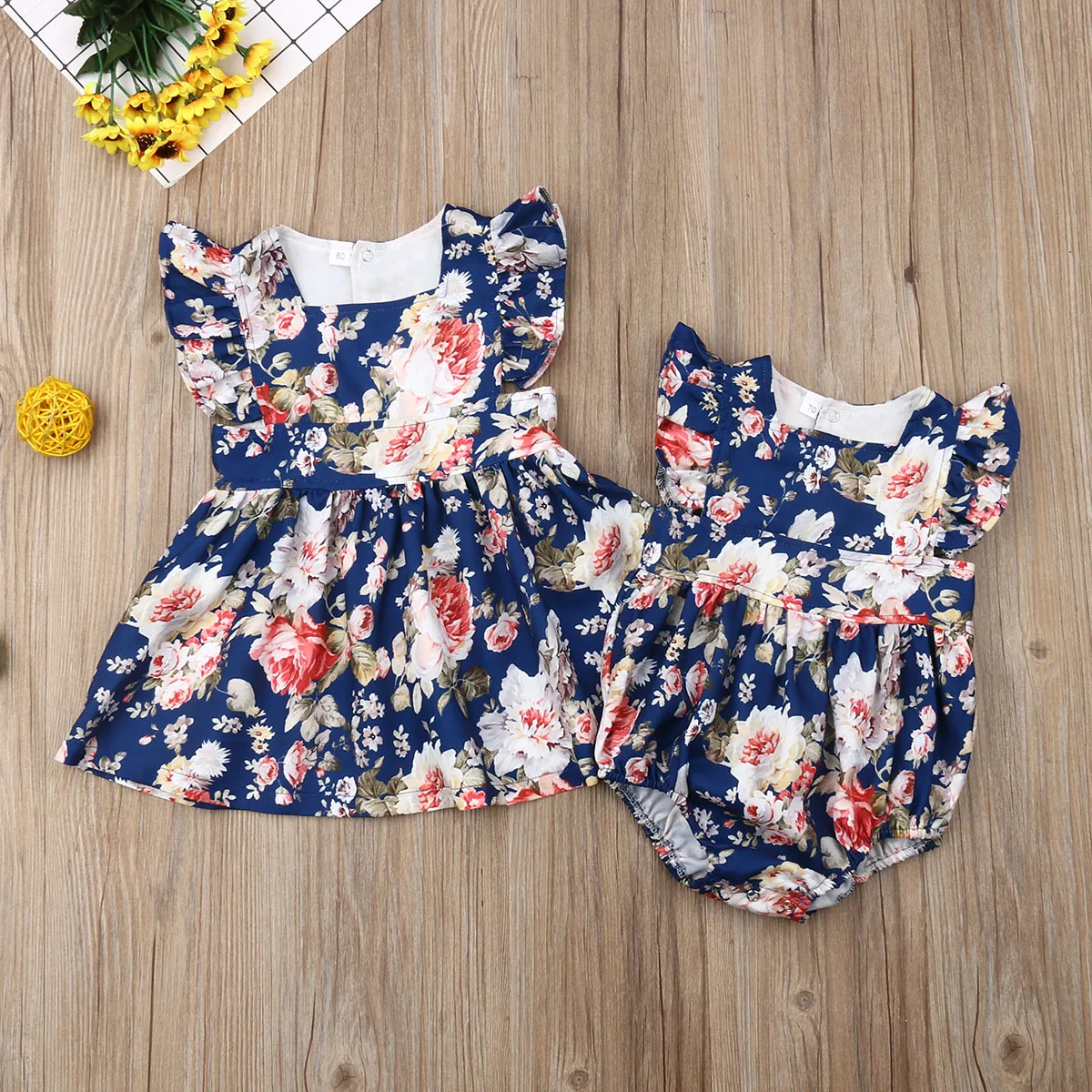 

Infant Baby Kids Girls Matching Outfits Floral Ruffle Sleeve Sisters Dress Romper Summer Sunsuit Clothes