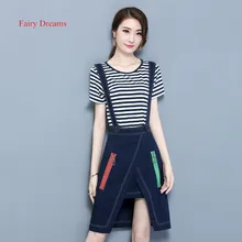 Fairy Dreams 2 Piece Set Women Striped T Shirt Top And Denim Skirt 2017 New Style Summer Suit Fashion Casual Plus Size Clothing