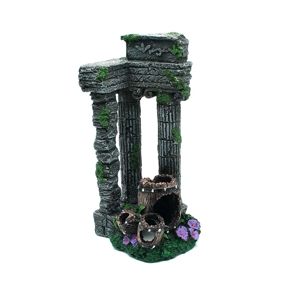 1pcs Fish Tank Decor Simulation Resin Roman Gate Post + Broken Barrel