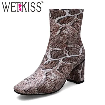 

WETKISS Snake Skin Pu Sexy Ankle Boots Women High Heels Booties Square Toe Shoes Female Party Shoes Ladies Winter Plus Size 44