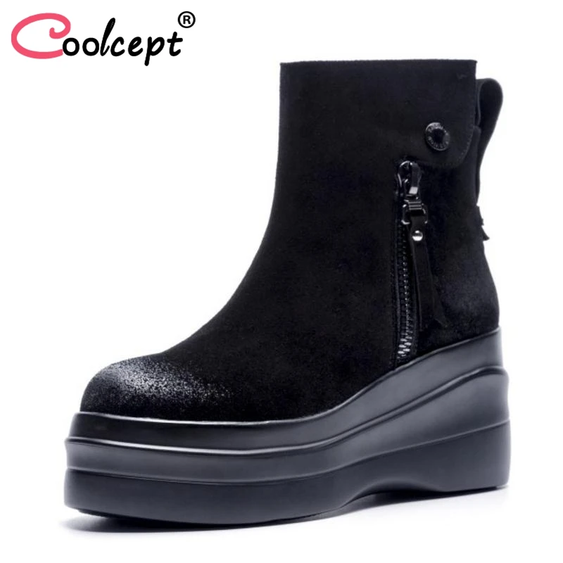 

Coolcept Women Genuine Leather Boots Mid Calf Platform Women Shoes Female Side Zipper High Heel Botas Metal Buckle Size 34-39