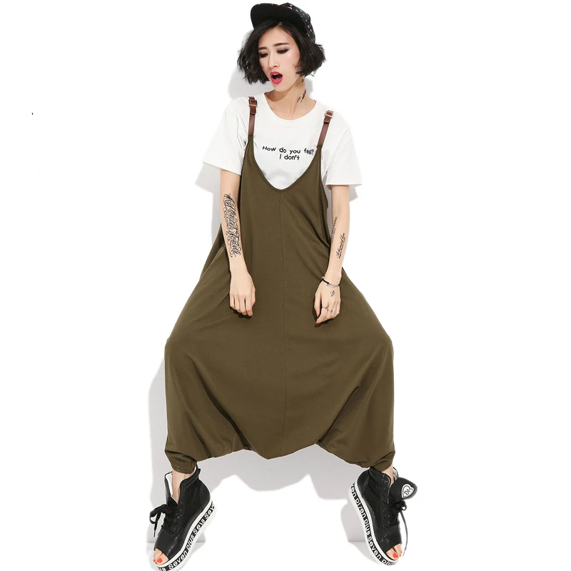 

Pantalon Femme Capri Palazzo Harajuku Hippie Boho Black Overalls Loose Wide Leg Crotch Hip Hop Punk Harem Pants Women Trousers