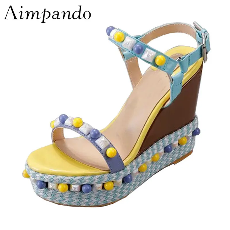 

High Wedges Platform Summer Sandalias Mujer New Arrival Ankle Strap Colorful Beading Rivet Mixed Color Gladiator Sandals Women