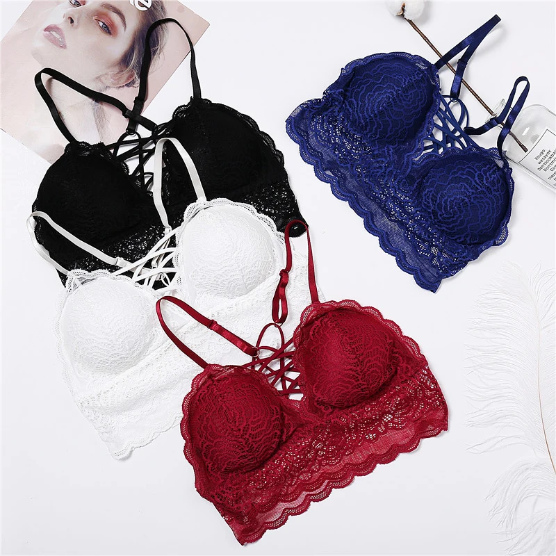 

Lace Bra Sexy Padded Bralette for Women Lingerie Wireless Push Up Bra Bandage Y-line Straps Backless Bras Female Underwear Black