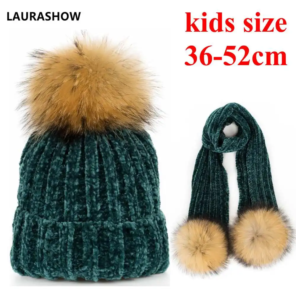 Шапка-бини с помпонами для девочек, теплая вязаная шапка с помпоном и шарф, комплект детской зимней шапки Skullies из натурального меха енота - Цвет: kids size