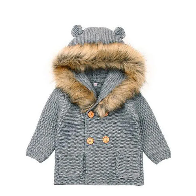 Зимний теплый свитер для новорожденных с меховым капюшоном, съемный кардиган для маленьких мальчиков и девочек, свитер Санты, кардиган, трикотажная одежда, 6 мес.-24 мес