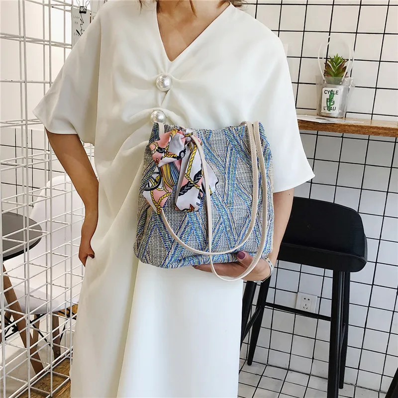 

Bohemian Scarves Straw Bucket Bag Rattan Woven Women Shoulder Bags Wicker Handbags Casual Large Summer Beach Purse Female Totes