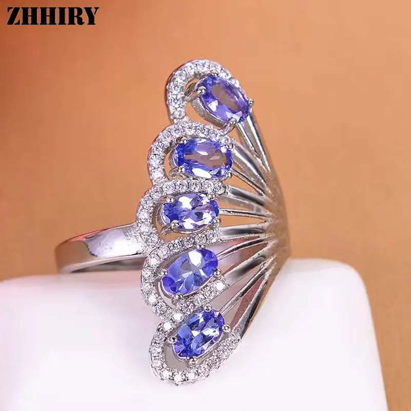 ZHHIRY Genuine Natural Blue Tanzanite 925 Sterling Silver Ring For