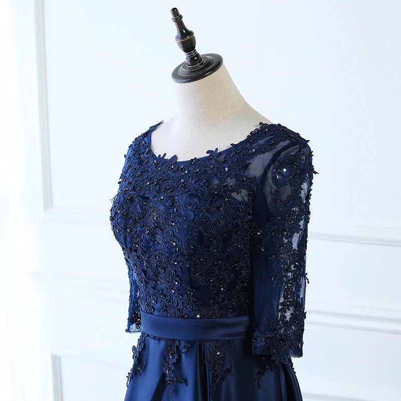 Халат De Soiree Кружева Вышивка Бисер темно-синий половина рукава-линии молнии Длинные вечерние платья невесты для торжеств вечерние платье для выпускного вечера