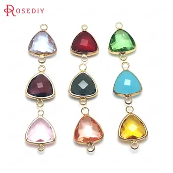 

10PCS 19x13MM 24K Champagne Gold Color Brass and Glass 2 Holes Triangle Shape Connect Charms Pendants Diy Jewelry Accessories