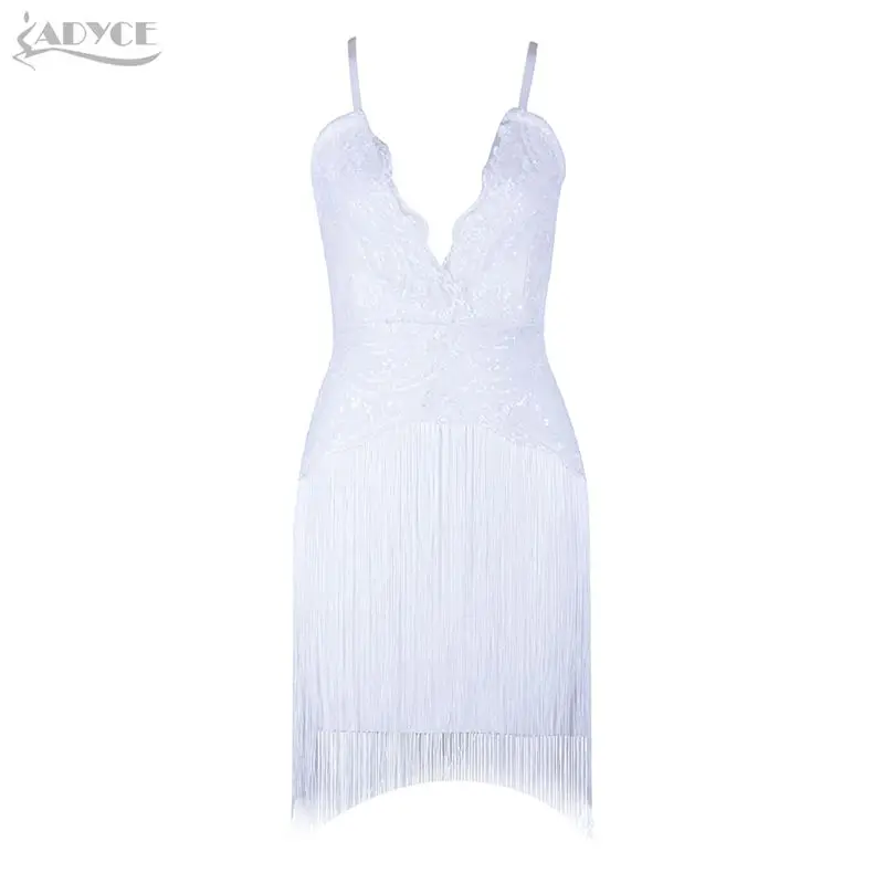 Женское платье на бретельках Adyce, летнее женское бандажное платье с блестками и бахромой, мини-платье на бретельках, вечернее платье - Цвет: White