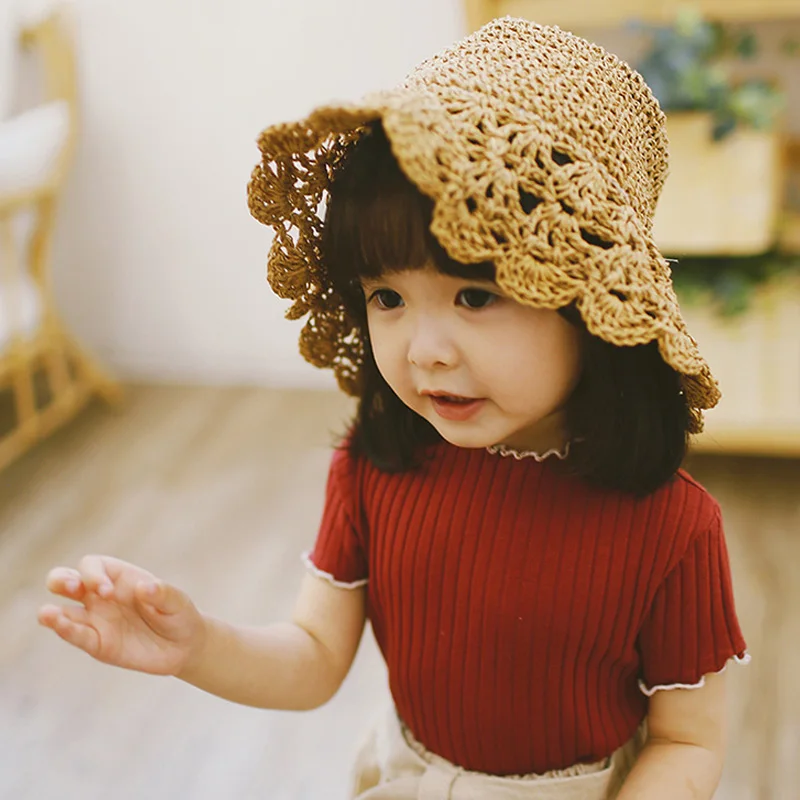 Children Fashion Summer Handmade Foldable Strawhat Sun Hat Large Along Vintage Handmade Crochet Straw Braid Sun-Shading Hat