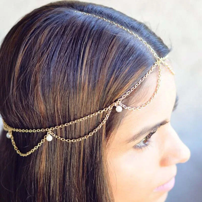 Индийские головные украшения для волос женская волнистая цепочка на голову для свадьбы белые бусы цепь для головы ювелирные изделия T003
