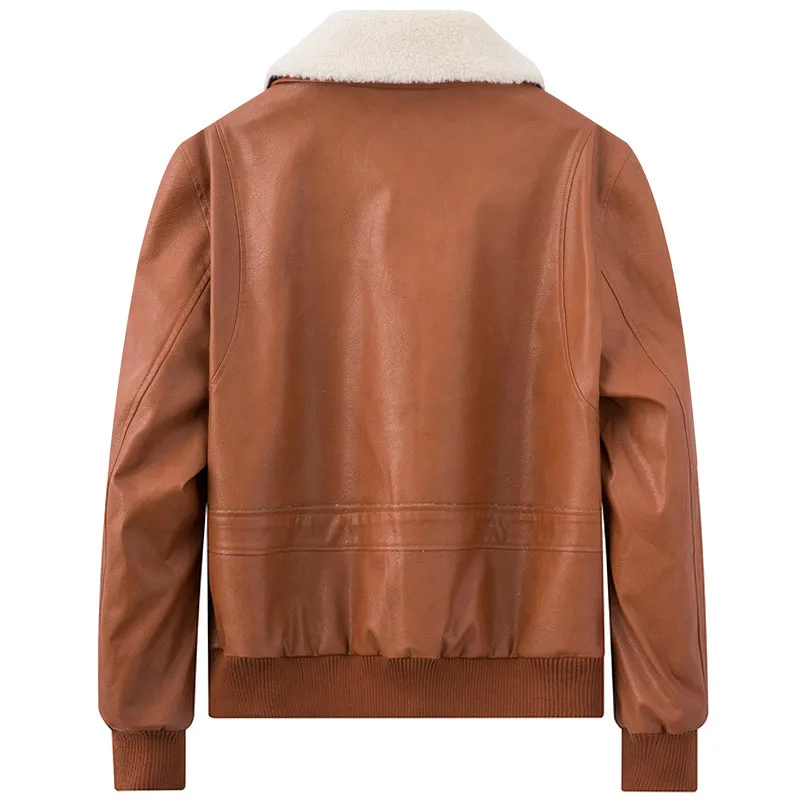 PU leather jacket men casual streetwear brown mens slim bomber jacket appliques fashion Korea style man clothes warm collar 3xl