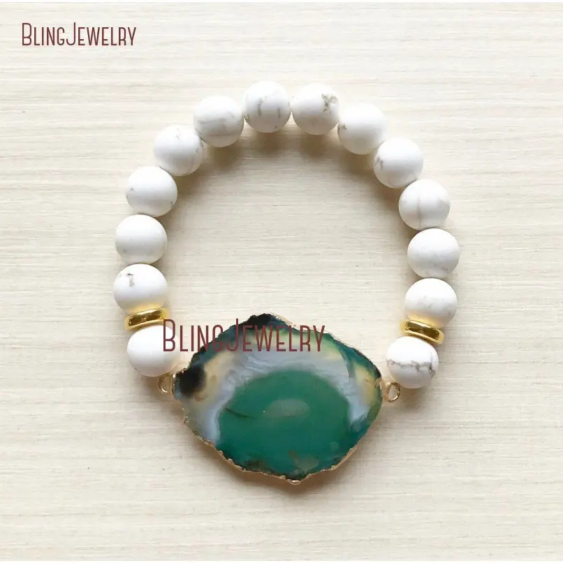 20190307-BM24126-green white agate slice beaded bracelet with white turquoise beads