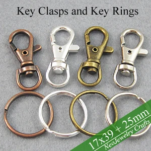 

100 pcs - Key Chain Supplies, Swivel Clasp, Key Clip, Trigger Snap Clip Hook + Split Key Rings - Silver, Bronze, Copper, Steel