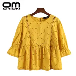 OMCHION Blusa Feminina 2018 пикантные повседневные топы с коротким рукавом Свободные женские блузки сплошной вышивкой весна лето рубашки LH18