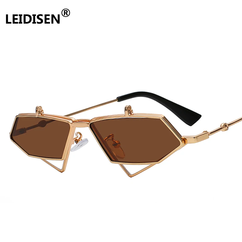 LEIDISEN Flip Up Steampunk Sunglasses Men Women Vintage Metal Frame Triangle Sunglass Female Brand Fashion Glasses UV400