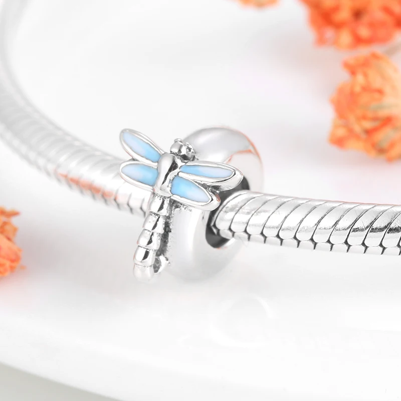 Модные 925 пробы Серебристые синие Бусины-пробки в виде стрекозы подходят к оригинальному браслету Pandora для изготовления ювелирных изделий