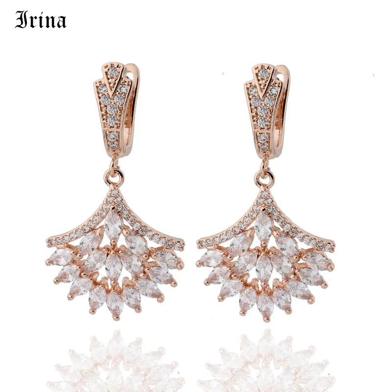 

Irina Hotsale cut cubic zircon 585 Rose gold color fan shape glitter party luxury earrings for women jewelry