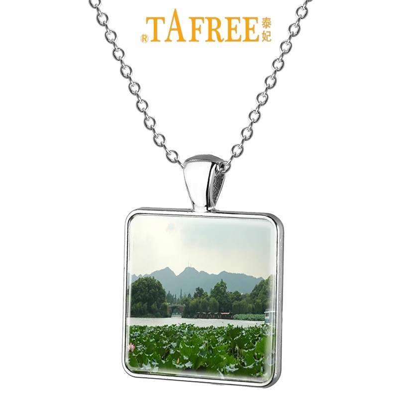 

TAFREE Ten Scenes of West Lake Square Necklace Silver Chain Necklace Jewelry For Clothes Decoration XH09