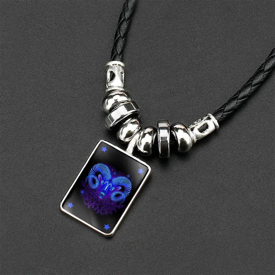 

New Star of the zodiac 12 constellation crystal pendants necklaces choker for men long chain Hematite stone beaded necklace