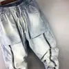 Idopy-sarouel-jean Vintage délavé, fermetures éclair, coupe ample, taille élastique, avec cordon de serrage, grandes poches, jogging en Denim pour hommes ► Photo 3/6