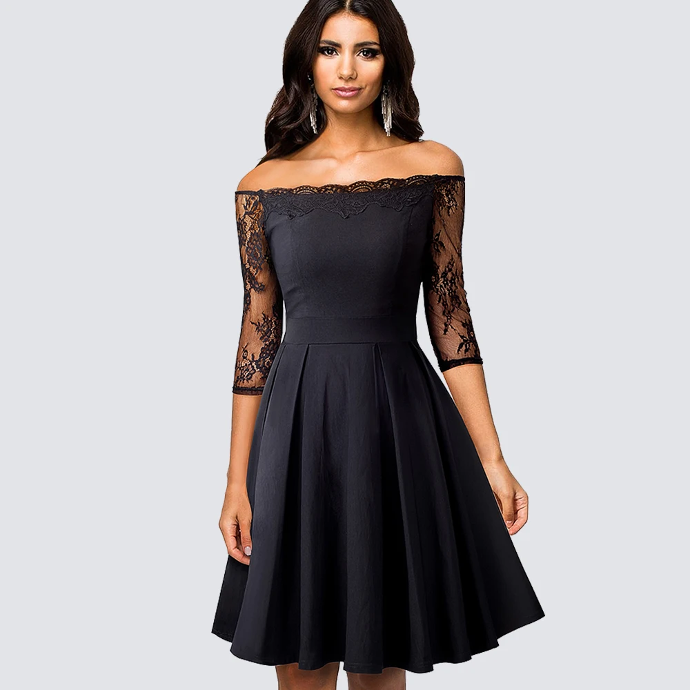 

Women Sexy Off The Shoulder Floral Lace Mesh Sleeve A-line Party Black Dress Vintage Pinup Sheath Bodycon Swing Lady Dress HA071