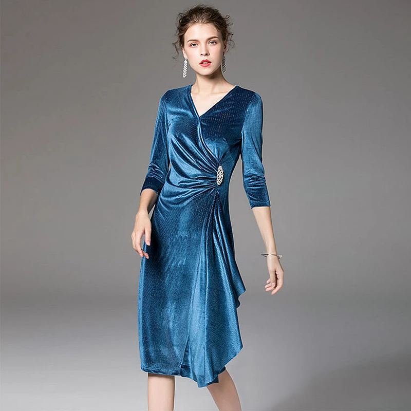 Velour Dress Women Elegant Design Solid V Neck Three quarter Sleeves