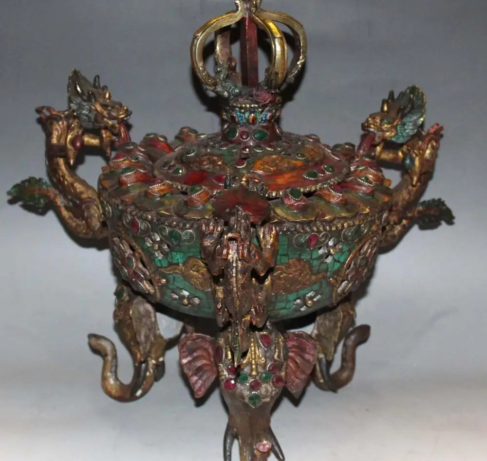 

15" Tibet Bronze Gold Turquoise ruby beryl Dragon Elephant Incense Burner Censer