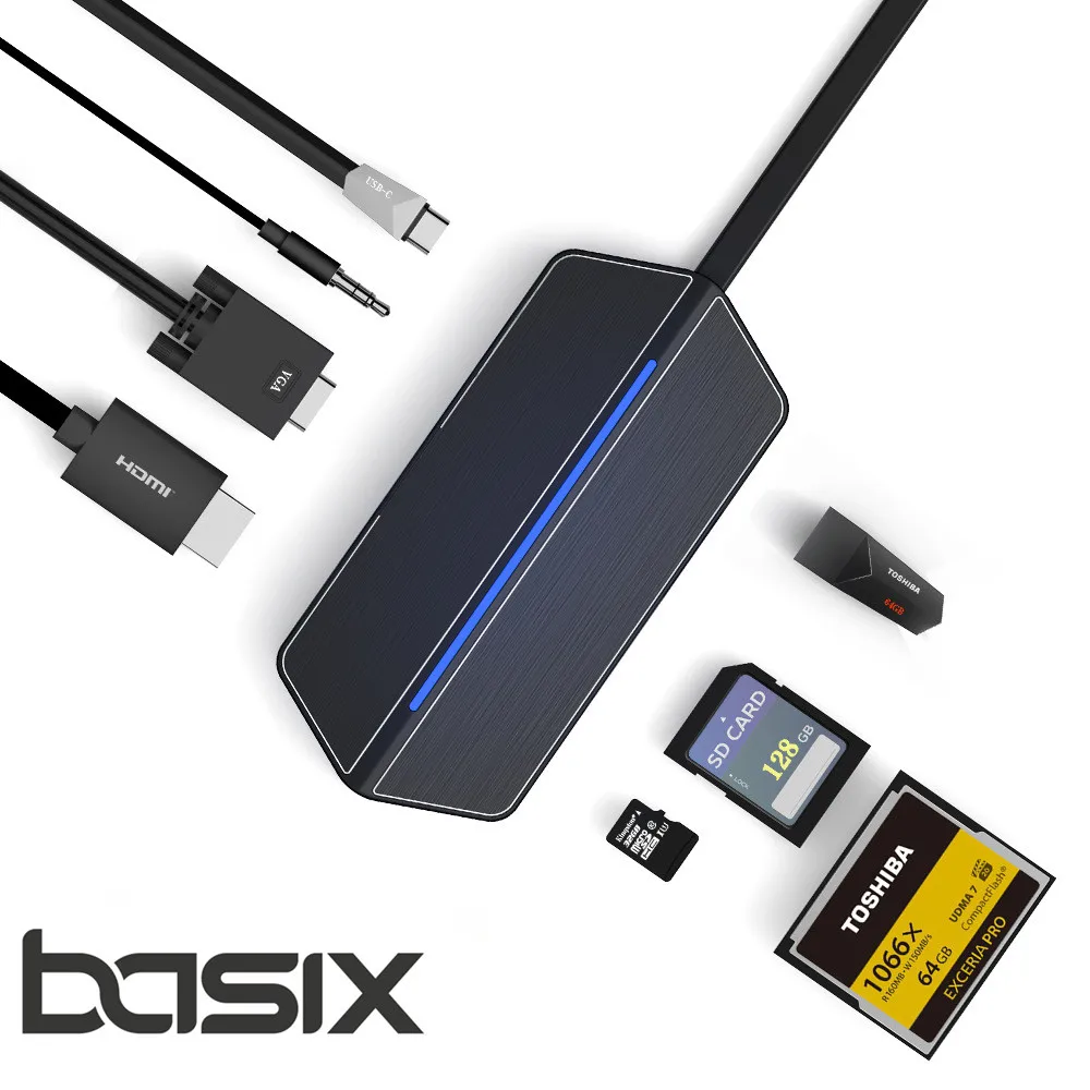 

BASIX USB C Hub 8 in 1 Type C Hub to HDMI VGA adapter 3.5mm Headset connector USB 3.0 SD/TF/CF Card reader slots Charging port
