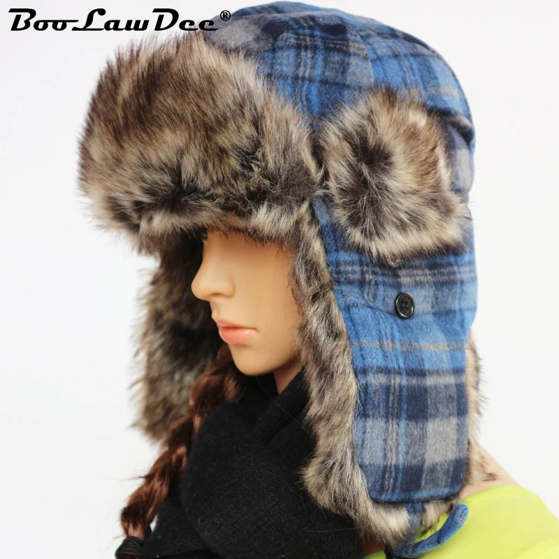 BooLawDee blue plaid wool blends fur bomber hats men women winter cap