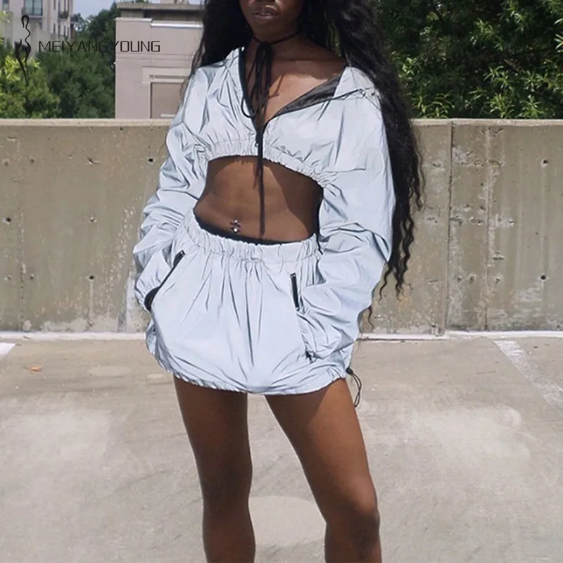 

Zipper Two Piece Set Skirt Women Reflective Skirt Set Jacket And High Wiast Sexy Skirt 2 Piece Set Drawstring Casual Outfits