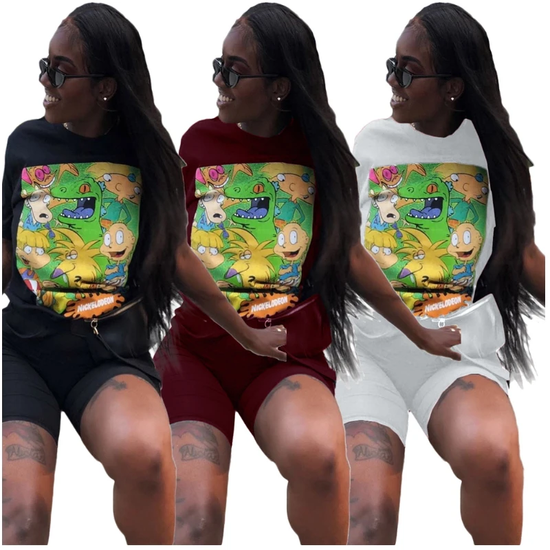 

Cartoon Print Two Piece Set Short Sleeve Tee Short Sets For Women 2019 Summer New Casual Playsuits Activewear Loose Streetwear