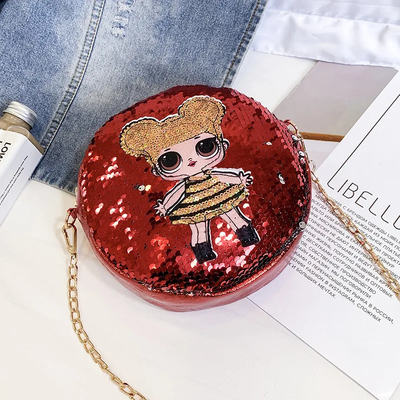 

2019 Spring new Small fresh short PU female bag change bag small round bag sequins surprise doll chain clutch purse