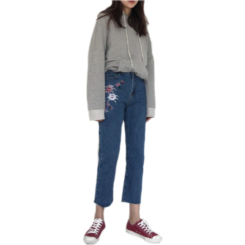 Women flower embroidery floral jeans 2017 spring summer vintage jeans