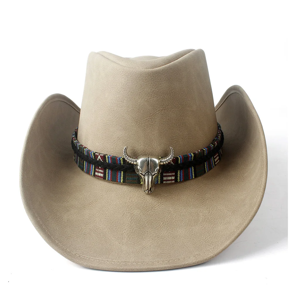 Retro Unisex Leather Hat Wide Brim Cowboy Cowgirl Western Hat Cow Head Leather Band - Цвет: Khaki