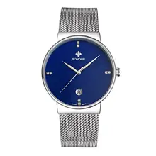 2016 Marca de Fábrica Famosa WWOOR Relojes Hombres de Acero Inoxidable de Malla de Banda Dial Azul Reloj de moda De Cuarzo Analógico Reloj Ultra Delgado Masculino 8018