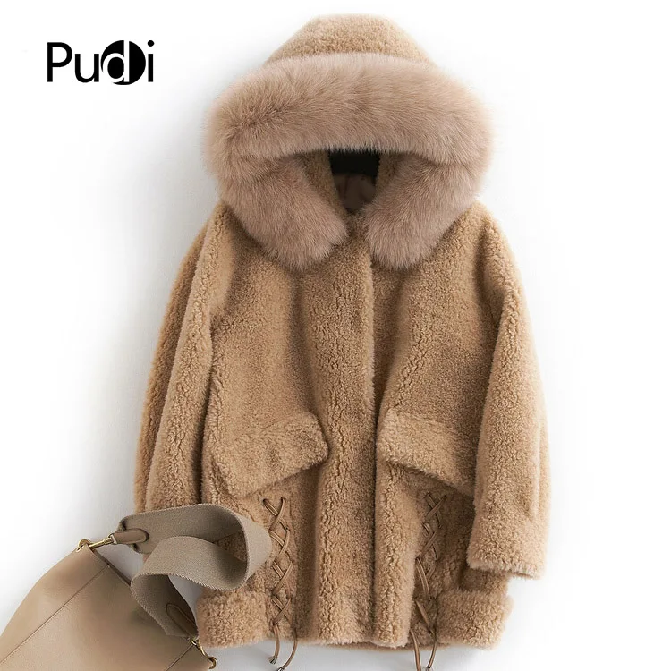 

PUDI B181097 women's winter warm real wool fur jacket with hood fox collar leisure girl coat lady jacket overcoat