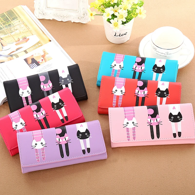 

2018 Kawaii PU leather Wallet Multifunctional Women Cat Pattern Hasp Coin Purse Short Wallets Card Holders Handbag
