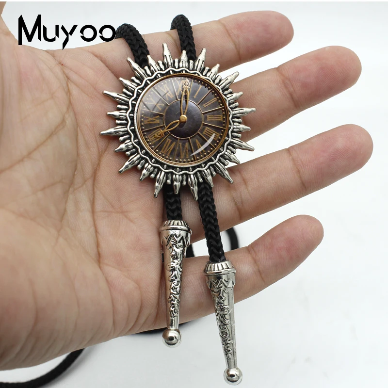 

BOLO-00131 New Fashion Steampunk Clock Face Slide Neckties Metal Ties Handmade Bolo Tie Glass Dome Silver Metal Bolo Tie